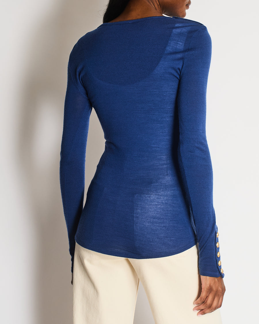 Balmain Blue Wool Long-Sleeved Top with Gold Lion Buttons Detail Size FR 36 (UK 8)