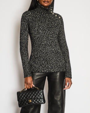 Balmain Black and White Knitted High-Neck Jumper with Silver Lion Buttons Size FR 36 (UK 8)