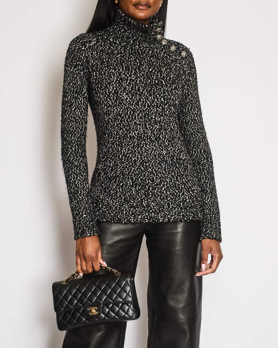 Balmain Black and White Knitted High-Neck Jumper with Silver Lion Buttons Size FR 36 (UK 8)