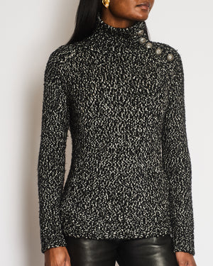 Balmain Black and White Knitted High-Neck Jumper with Silver Lion Buttons Size FR 36 (UK 8)