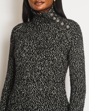 Balmain Black and White Knitted High-Neck Jumper with Silver Lion Buttons Size FR 36 (UK 8)
