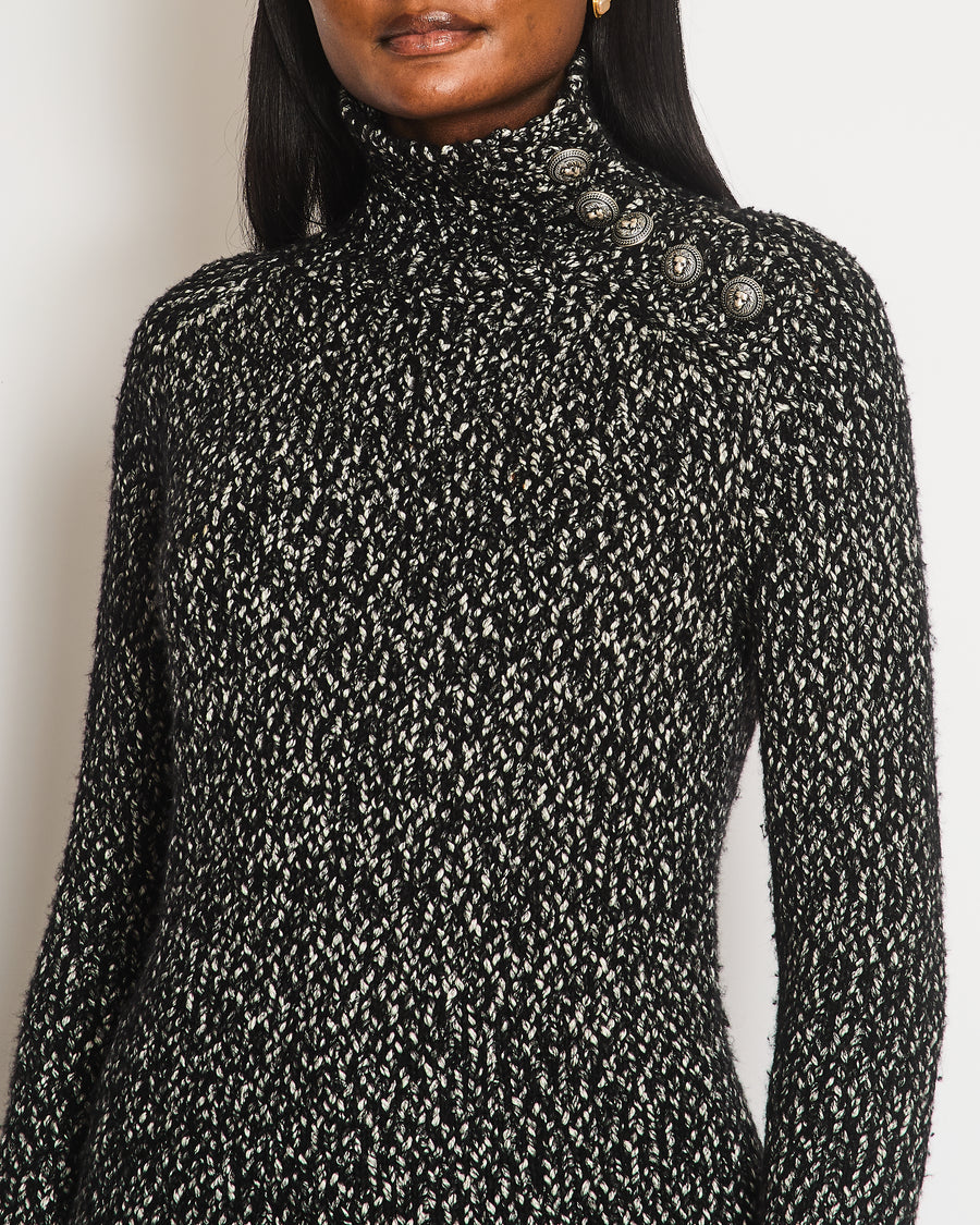 Balmain Black and White Knitted High-Neck Jumper with Silver Lion Buttons Size FR 36 (UK 8)