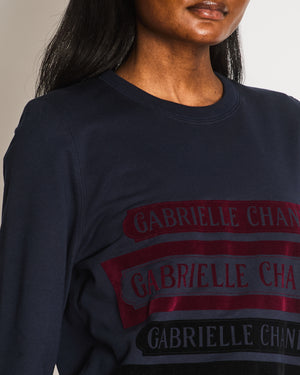 Chanel 17A Navy Crewneck Jumper with Black and Burgundy Velours Gabrielle Chanel Prints and Silver and Black CC Logo Button Detail Size FR 40 (UK 12)