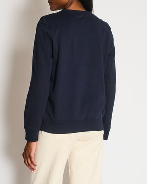 Chanel 17A Navy Crewneck Jumper with Black and Burgundy Velours Gabrielle Chanel Prints and Silver and Black CC Logo Button Detail Size FR 40 (UK 12)