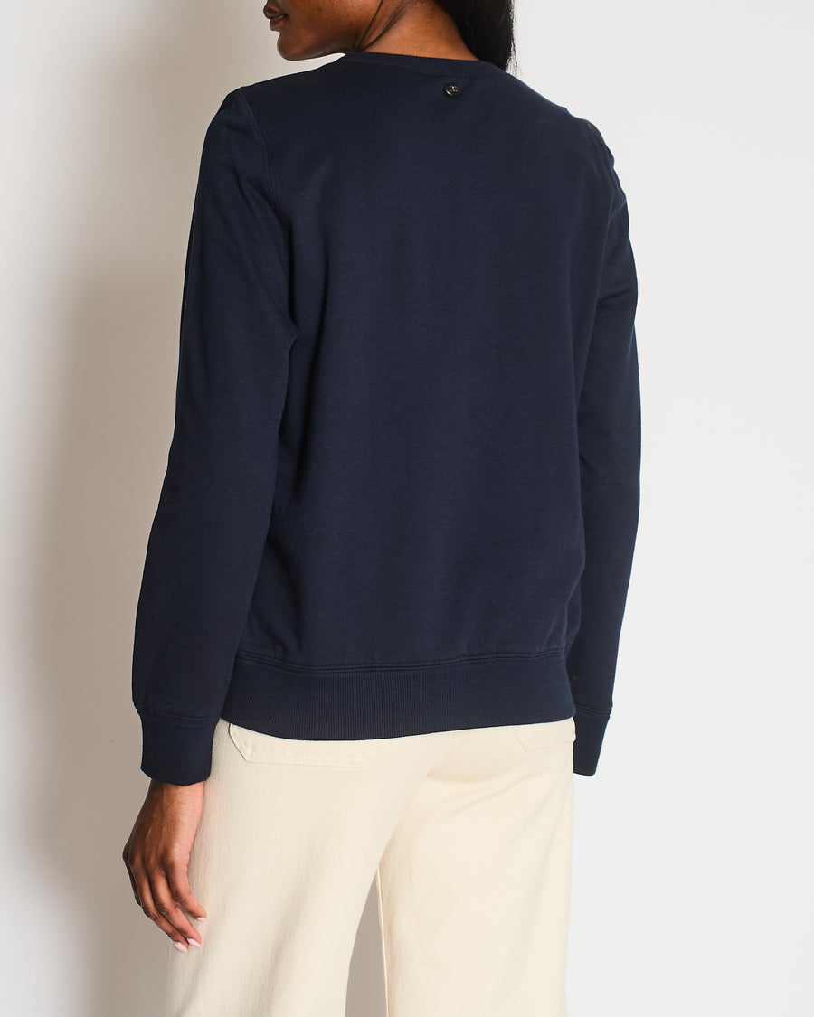 Chanel 17A Navy Crewneck Jumper with Black and Burgundy Velours Gabrielle Chanel Prints and Silver and Black CC Logo Button Detail Size FR 40 (UK 12)