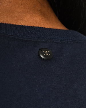 Chanel 17A Navy Crewneck Jumper with Black and Burgundy Velours Gabrielle Chanel Prints and Silver and Black CC Logo Button Detail Size FR 40 (UK 12)