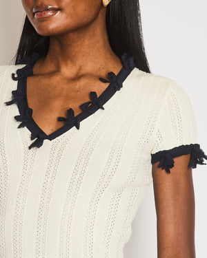Chanel 06P White Pointelle Rib Knit Short-Sleeved Top with Navy Trims and Bow Details with Black Logo Button Size FR 36 (UK 8)