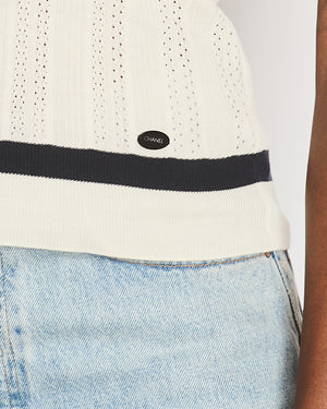 Chanel 06P White Pointelle Rib Knit Short-Sleeved Top with Navy Trims and Bow Details with Black Logo Button Size FR 36 (UK 8)