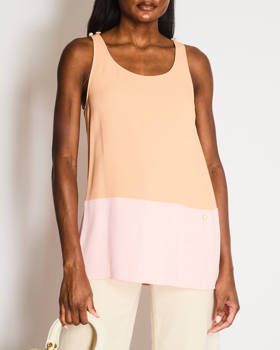 Chanel 14P Pastel Orange and Pink Sleeveless Top with White CC Logo Pearl Details Size FR 36 (UK 8)