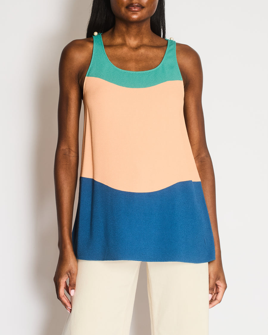 Chanel 14P Teal, Orange and Blue Sleeveless Top with White CC Logo Pearl Details Size FR 36 (UK 8)