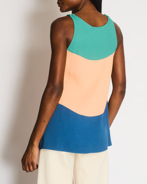 Chanel 14P Teal, Orange and Blue Sleeveless Top with White CC Logo Pearl Details Size FR 36 (UK 8)