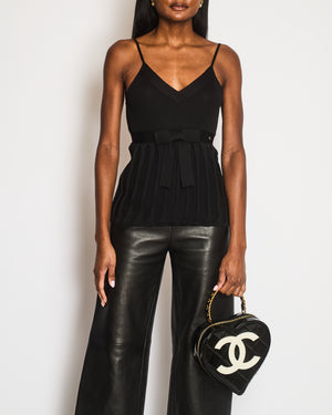 Chanel Black Silk Ribbed Sleeveless Top with Pleats and Front Bow Detail and Black and White Logo Button Size FR 38 (UK 10)