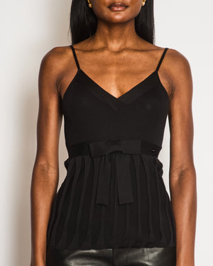 Chanel Black Silk Ribbed Sleeveless Top with Pleats and Front Bow Detail and Black and White Logo Button Size FR 38 (UK 10)