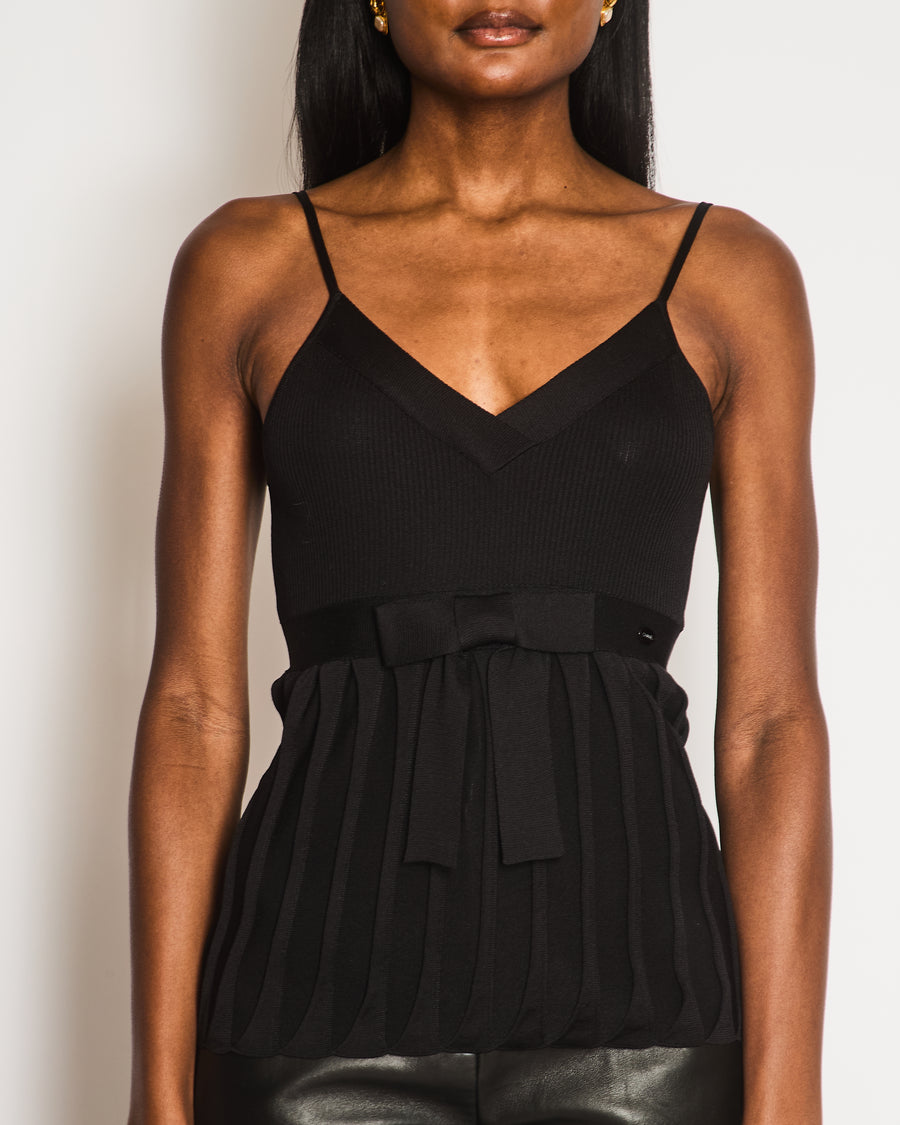 Chanel Black Silk Ribbed Sleeveless Top with Pleats and Front Bow Detail and Black and White Logo Button Size FR 38 (UK 10)