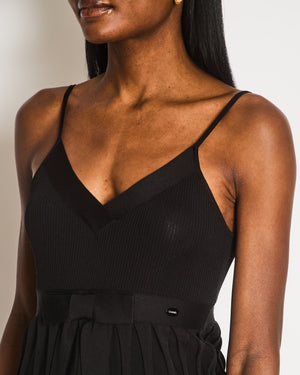 Chanel Black Silk Ribbed Sleeveless Top with Pleats and Front Bow Detail and Black and White Logo Button Size FR 38 (UK 10)