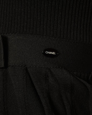 Chanel Black Silk Ribbed Sleeveless Top with Pleats and Front Bow Detail and Black and White Logo Button Size FR 38 (UK 10)