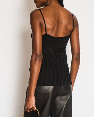 Chanel Black Silk Ribbed Sleeveless Top with Pleats and Front Bow Detail and Black and White Logo Button Size FR 38 (UK 10)