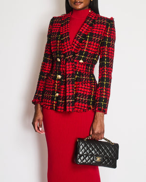 Balmain Red and Black Tweed Belted Double-Breasted Blazer Jacket with Gold Lion Buttons Size FR 36 (UK 8)