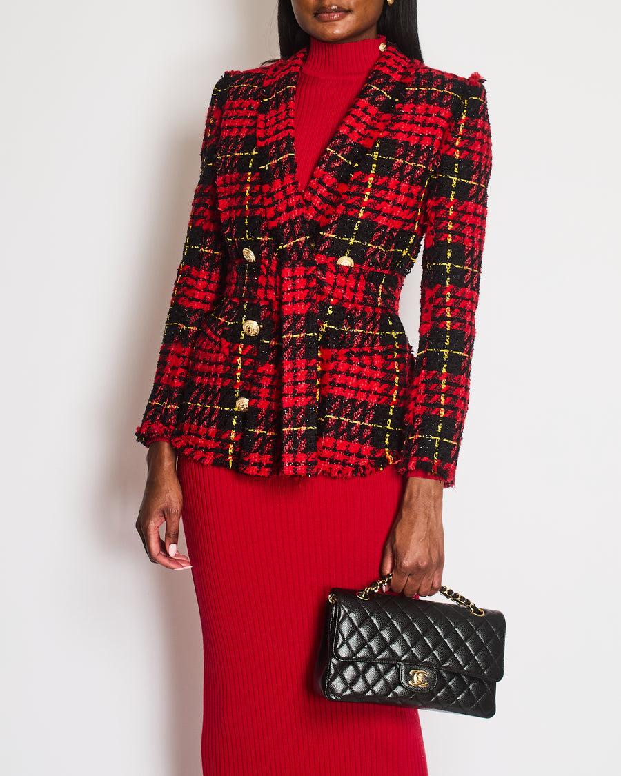 Balmain Red and Black Tweed Belted Double-Breasted Blazer Jacket with Gold Lion Buttons Size FR 36 (UK 8)