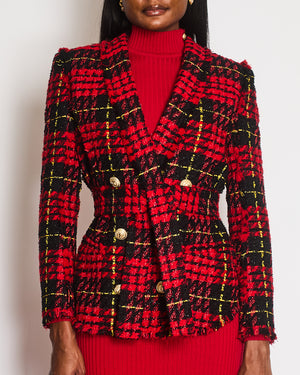 Balmain Red and Black Tweed Belted Double-Breasted Blazer Jacket with Gold Lion Buttons Size FR 36 (UK 8)