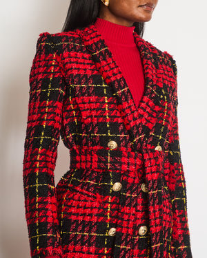 Balmain Red and Black Tweed Belted Double-Breasted Blazer Jacket with Gold Lion Buttons Size FR 36 (UK 8)