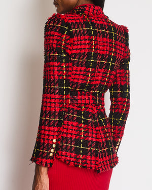 Balmain Red and Black Tweed Belted Double-Breasted Blazer Jacket with Gold Lion Buttons Size FR 36 (UK 8)