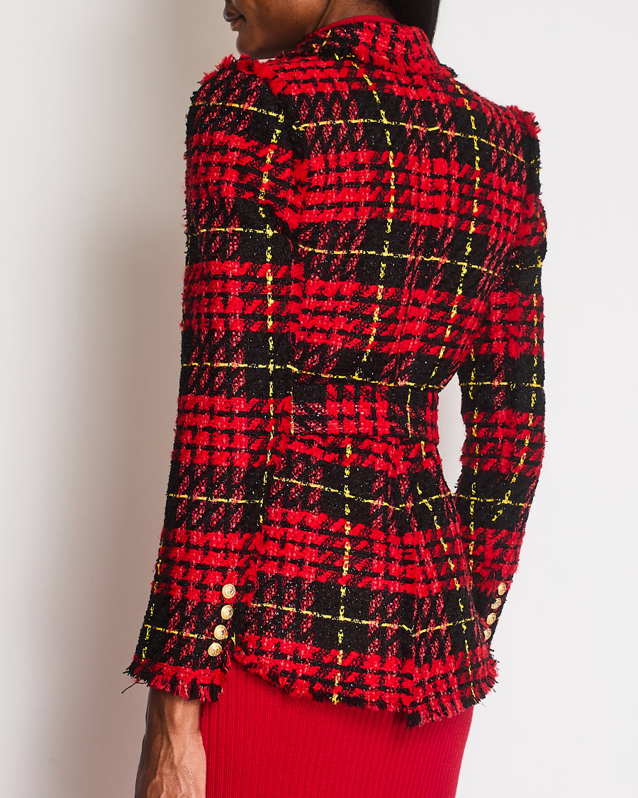 Balmain Red and Black Tweed Belted Double-Breasted Blazer Jacket with Gold Lion Buttons Size FR 36 (UK 8)