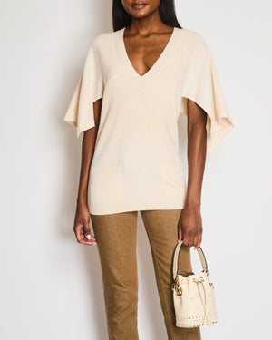 Chanel Cream Cashmere Short-Sleeved V-Neck Jumper with Front Pockets and Back Crystal CC Logo Detail Size FR 34 (UK 6)