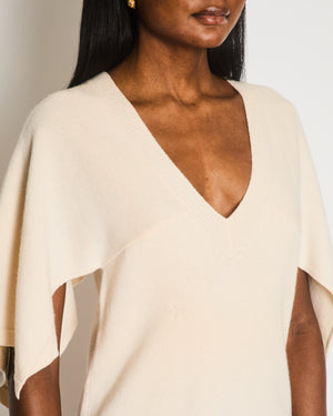 Chanel Cream Cashmere Short-Sleeved V-Neck Jumper with Front Pockets and Back Crystal CC Logo Detail Size FR 34 (UK 6)