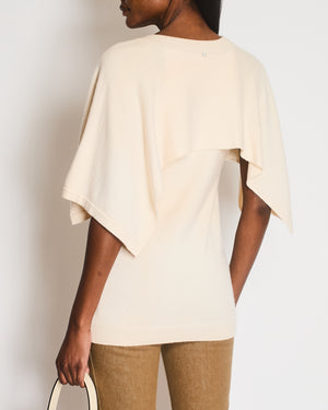 Chanel Cream Cashmere Short-Sleeved V-Neck Jumper with Front Pockets and Back Crystal CC Logo Detail Size FR 34 (UK 6)