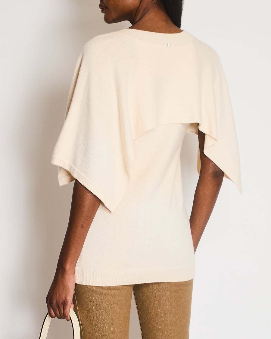 Chanel Cream Cashmere Short-Sleeved V-Neck Jumper with Front Pockets and Back Crystal CC Logo Detail Size FR 34 (UK 6)