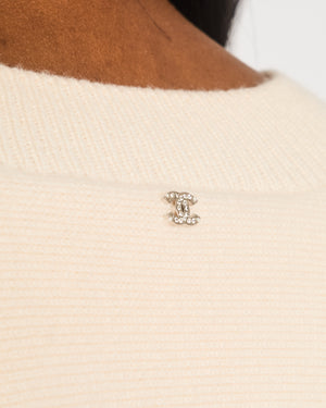Chanel Cream Cashmere Short-Sleeved V-Neck Jumper with Front Pockets and Back Crystal CC Logo Detail Size FR 34 (UK 6)