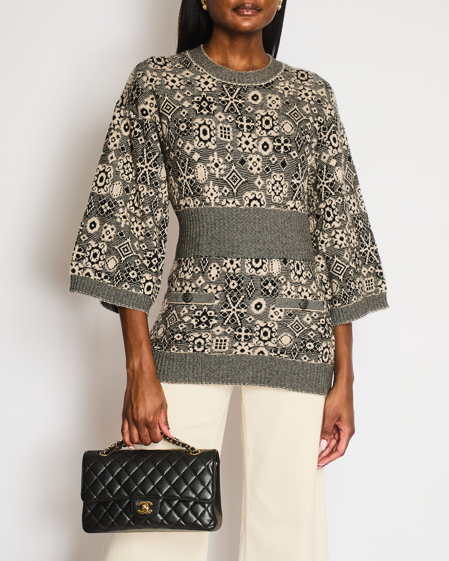 Chanel Fall 2011 Black and Cream Cashmere Abstract Print Top with Silver Textured CC Logo Buttons Size FR 36 (UK 8)