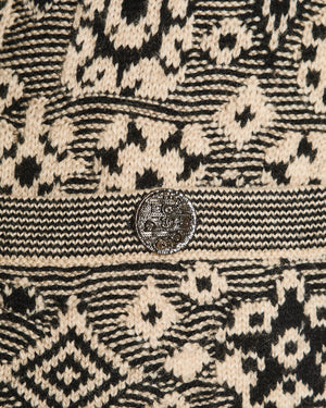 Chanel Fall 2011 Black and Cream Cashmere Abstract Print Top with Silver Textured CC Logo Buttons Size FR 36 (UK 8)