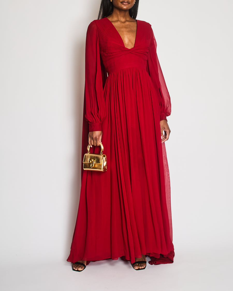 Elie Saab Red Silk Pleated Gown with Back Drapes and Gold Buttons Detail Size FR 44 (UK 16)