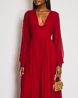 Elie Saab Red Silk Pleated Gown with Back Drapes and Gold Buttons Detail Size FR 44 (UK 16)
