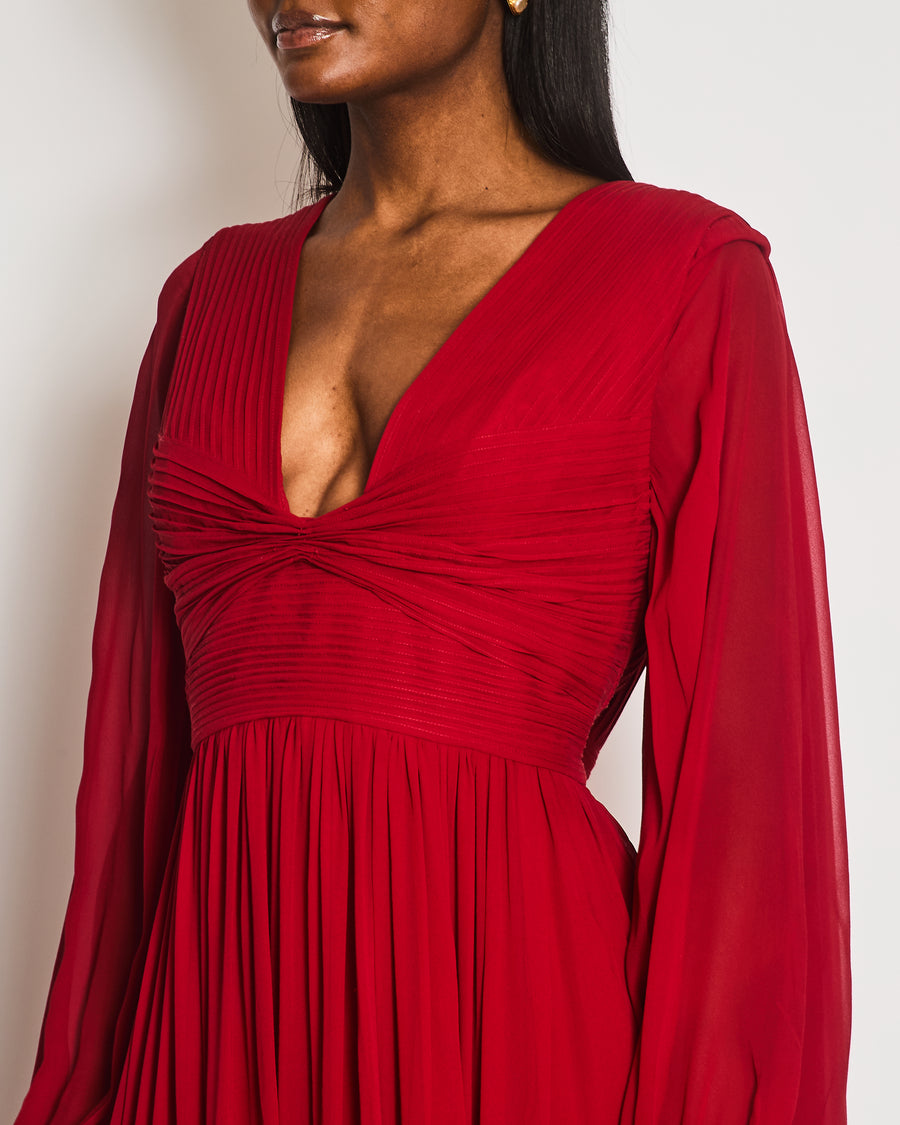 Elie Saab Red Silk Pleated Gown with Back Drapes and Gold Buttons Detail Size FR 44 (UK 16)
