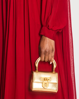 Elie Saab Red Silk Pleated Gown with Back Drapes and Gold Buttons Detail Size FR 44 (UK 16)