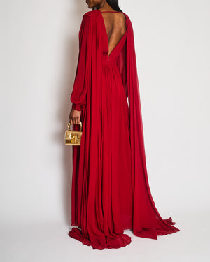 Elie Saab Red Silk Pleated Gown with Back Drapes and Gold Buttons Detail Size FR 44 (UK 16)