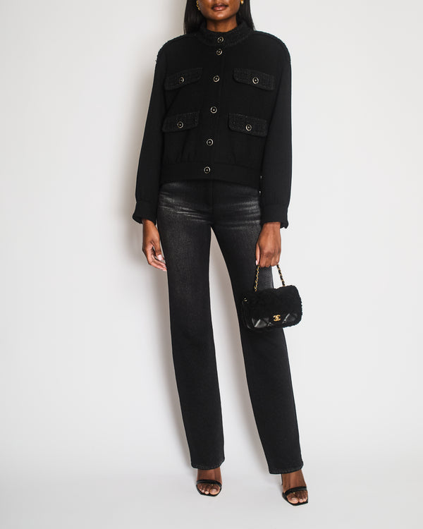 Chanel 06/C Black V-Neck Long Sleeve Top with CC Logo Detail Size