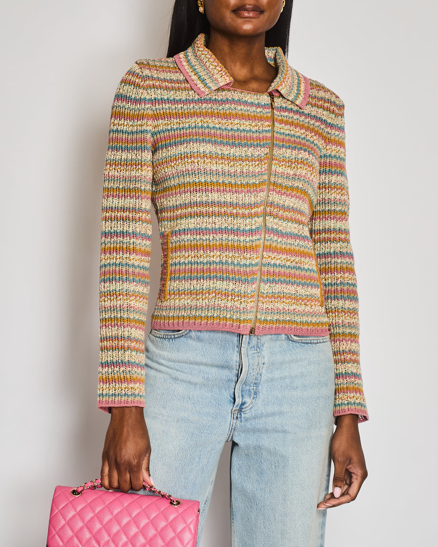 Chanel 17/C Coco Cuba Pink Knitted Striped Jacket with CC Detail Size FR 38 (UK 10)