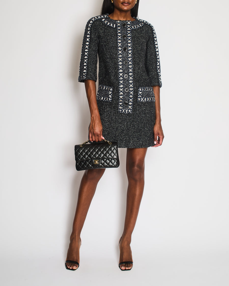 Chanel Paris/Rome 2016 Métiers D’Art Black Tweed Mid-Sleeve Pocket Dress Size FR 36 (UK 8)