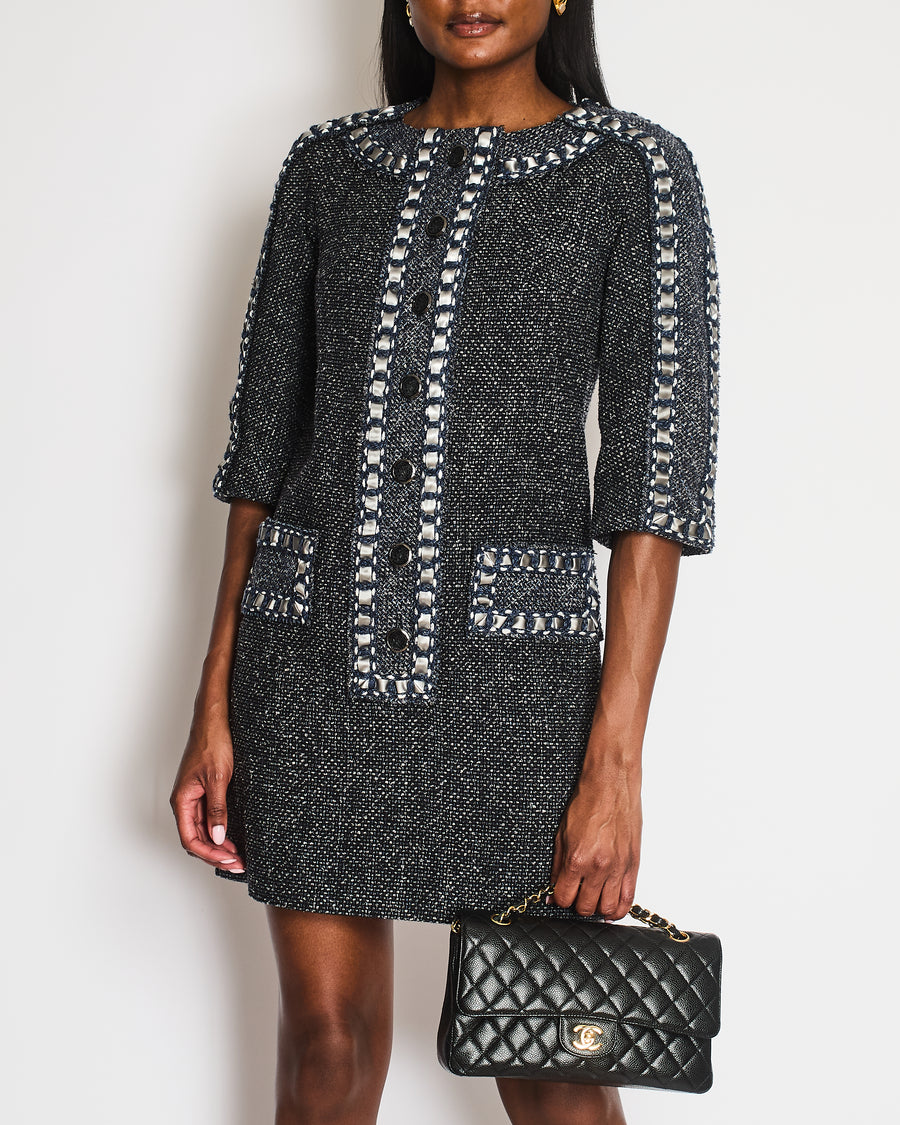 Chanel Paris/Rome 2016 Métiers D’Art Black Tweed Mid-Sleeve Pocket Dress Size FR 36 (UK 8)