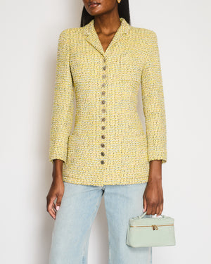 Chanel Vintage 96P Yellow and Multi-Colour Tweed Jacket with Silver Polished CC Logo Buttons and Front Pocket Details Size FR 38 (UK 10)