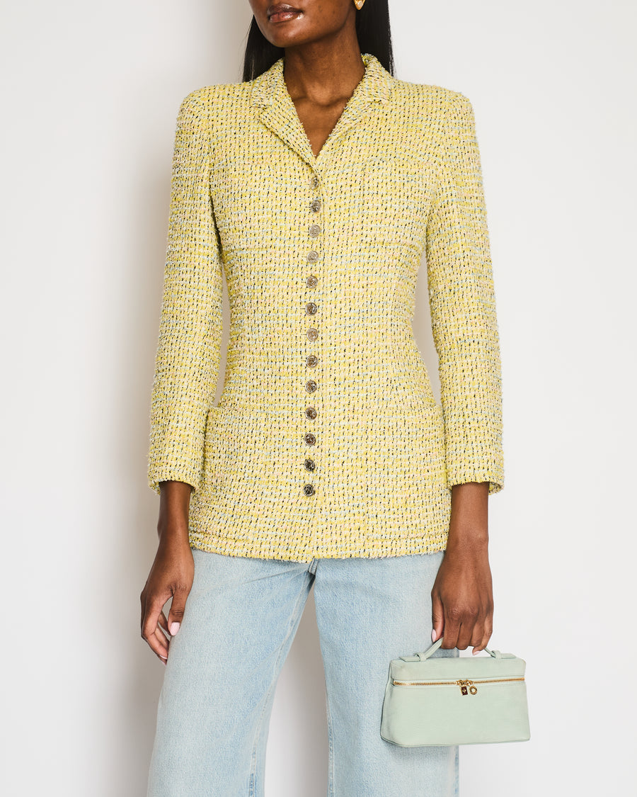 Chanel Vintage 96P Yellow and Multi-Colour Tweed Jacket with Silver Polished CC Logo Buttons and Front Pocket Details Size FR 38 (UK 10)