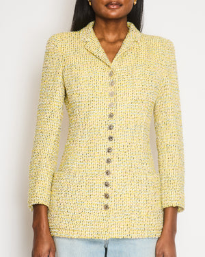 Chanel Vintage 96P Yellow and Multi-Colour Tweed Jacket with Silver Polished CC Logo Buttons and Front Pocket Details Size FR 38 (UK 10)