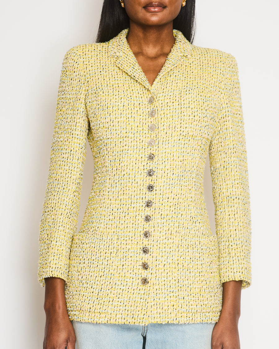 Chanel Vintage 96P Yellow and Multi-Colour Tweed Jacket with Silver Polished CC Logo Buttons and Front Pocket Details Size FR 38 (UK 10)