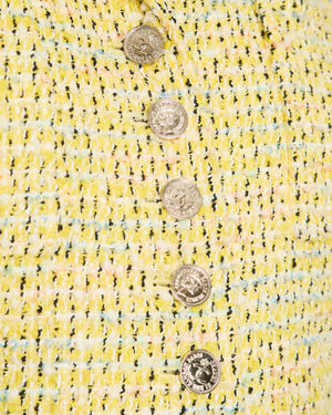 Chanel Vintage 96P Yellow and Multi-Colour Tweed Jacket with Silver Polished CC Logo Buttons and Front Pocket Details Size FR 38 (UK 10)