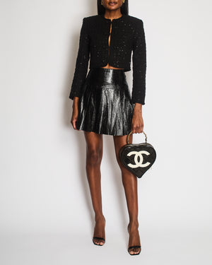 Chanel Fall 2013 Black Distressed Lambskin Leather Pleated Mini Skirt with Silver and Black Globe CC Logo Button Detail Size FR 34 (UK 6)