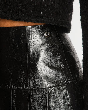 Chanel Fall 2013 Black Distressed Lambskin Leather Pleated Mini Skirt with Silver and Black Globe CC Logo Button Detail Size FR 34 (UK 6)